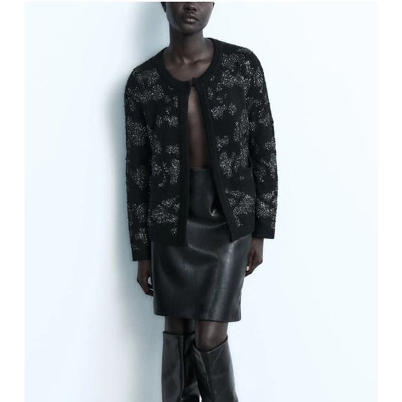 ZARA Sequin Metallic Thread Knit Cardigan Sweater, Black Silver Holiday Party S - Picture 9 of 10